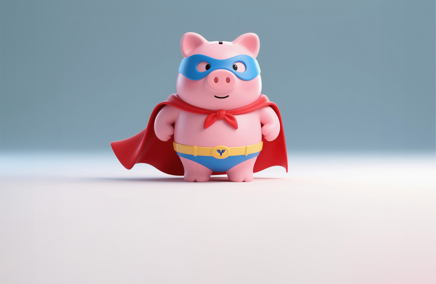 Rosa Sparschwein im Superhelden-Outfit mit blauer Augenmaske, rotem Umhang und gelbem Gürtel mit Volksbank-Symbol vor einem hellblauen Hintergrund.