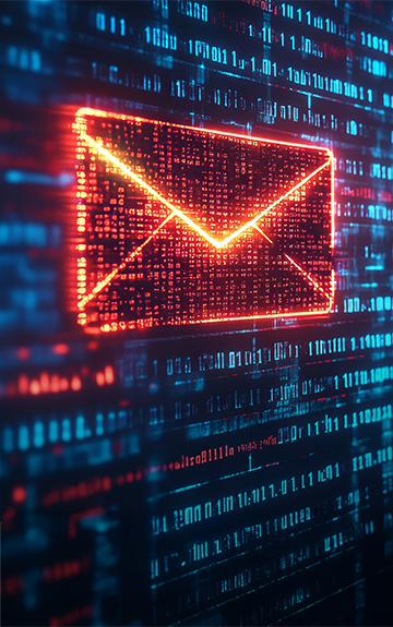 Vor einem dunklen Hintergrund mit Computerdaten leuchtet ein orangefarbenes Kuvert.