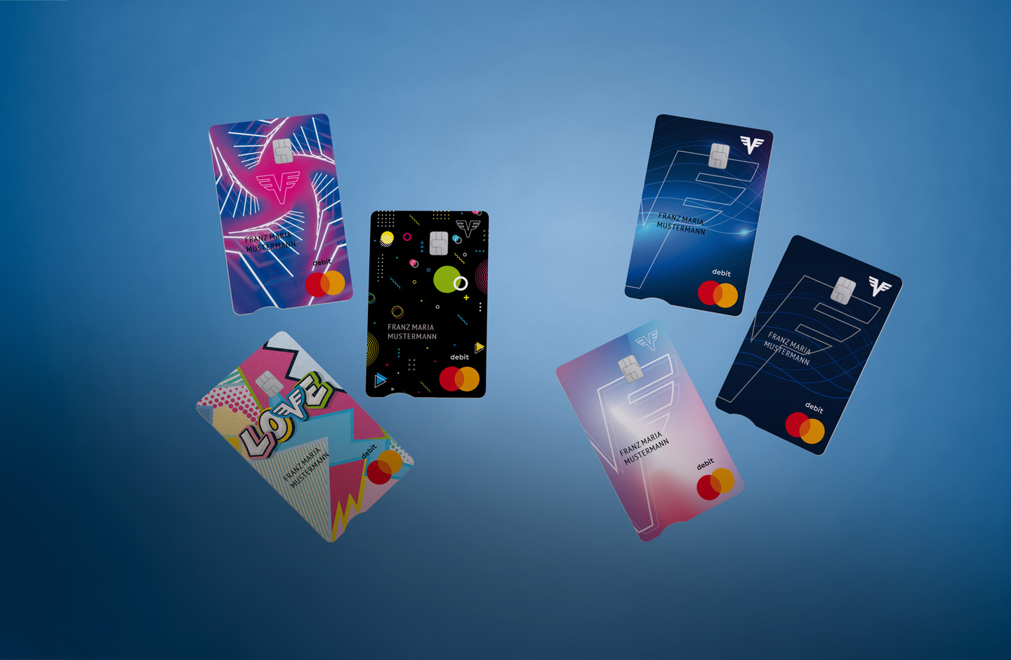 Eine Darstellung der sechs neuen Karten-Designs vor einem blauen Hintergrund.