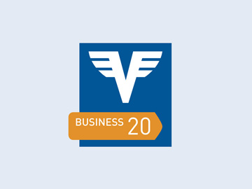 Dunkelblaues Logo des Volksbank Business 20 Kontos auf hellem Hintergrund.
