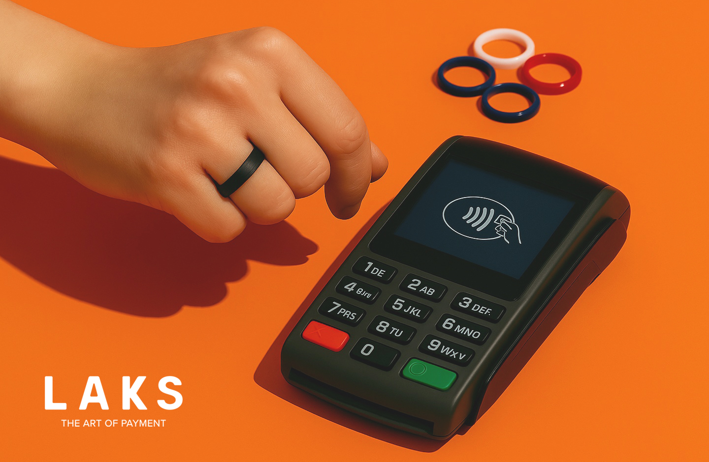 LAKS Pay Ring wird an einem Bezhalterminal verwendet auf oragenem Hintergrund.