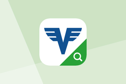 Grüner Hintergrund mit eingebettetem Volksbank-Logo und dem Symbol einer Lupe.